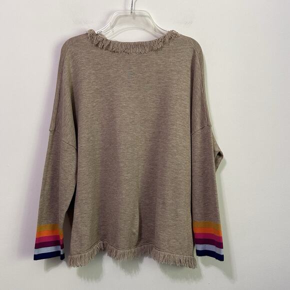 THML Knit Top Sweater M Fringe Trim Tan Pullover Boat Neck Rainbow Stripe Cuff - Picture 9 of 9